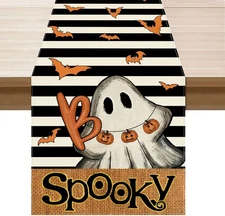 XCHI Stripes Spooky Boo Ghost Halloween Table Runner 13x36 Inch, Colored 
