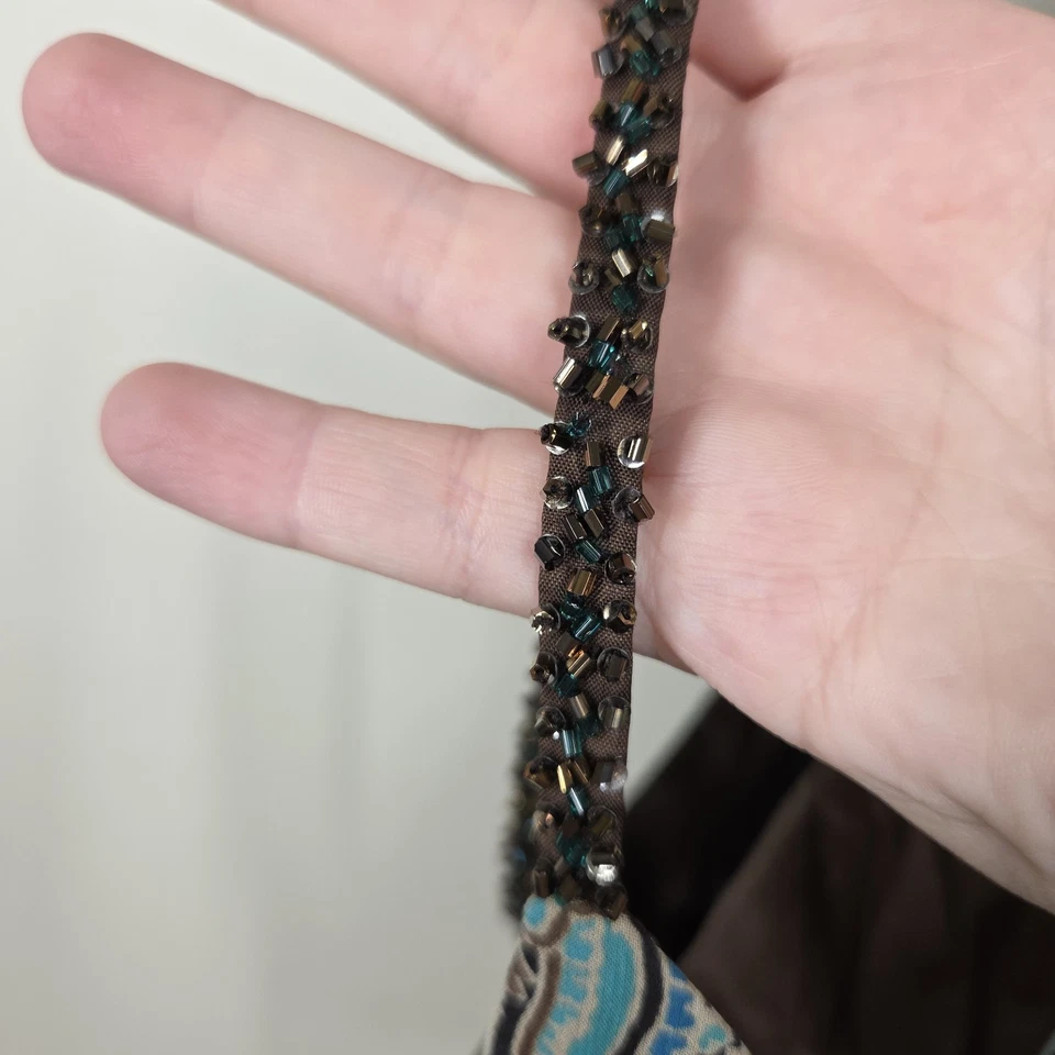 Vestido Babydoll Vintage Anos 90 Y2K Seda Paisley Floral Alças Frisadas Azul Fada Marrom 14 - Imagem 4 de 4