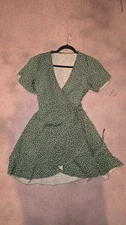 Womens Summer Dress Polka Dot Green Wrap Ruffle Medium