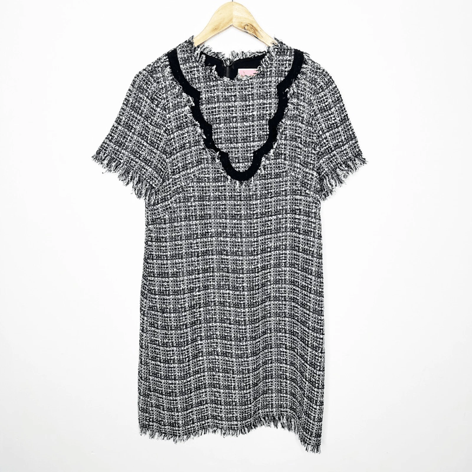 Abito Kate Spade New York bicolore capesante tweed frange manica corta carriera US 8