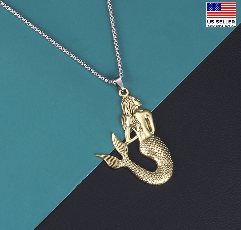 MEN Stainless Steel Necklace Carved Retro Mermaid Copper