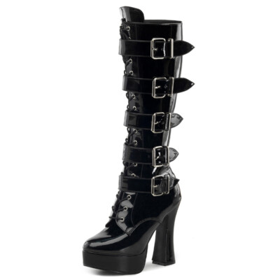 PleaserUSA Plateau-Kniestiefel Electra-2042 Lack schwarz