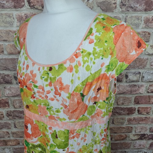 Per Una Midi Dress Green Pink Floral UK 14 Cotton Fit Flare Lined - Picture 7 of 13