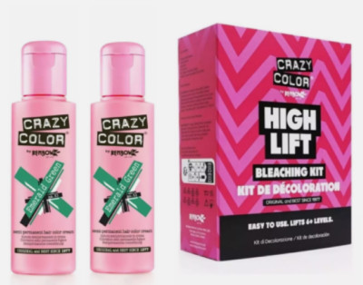 2x Crazy Color Semi Permanent Haarfarbe Smaragdgrün - 100ml und Bleaching Set