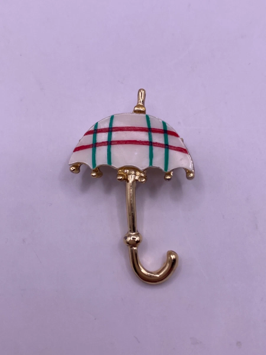 Vintage Enamel Striped Plaid Red Green Gold Tone Umbrella Brooch