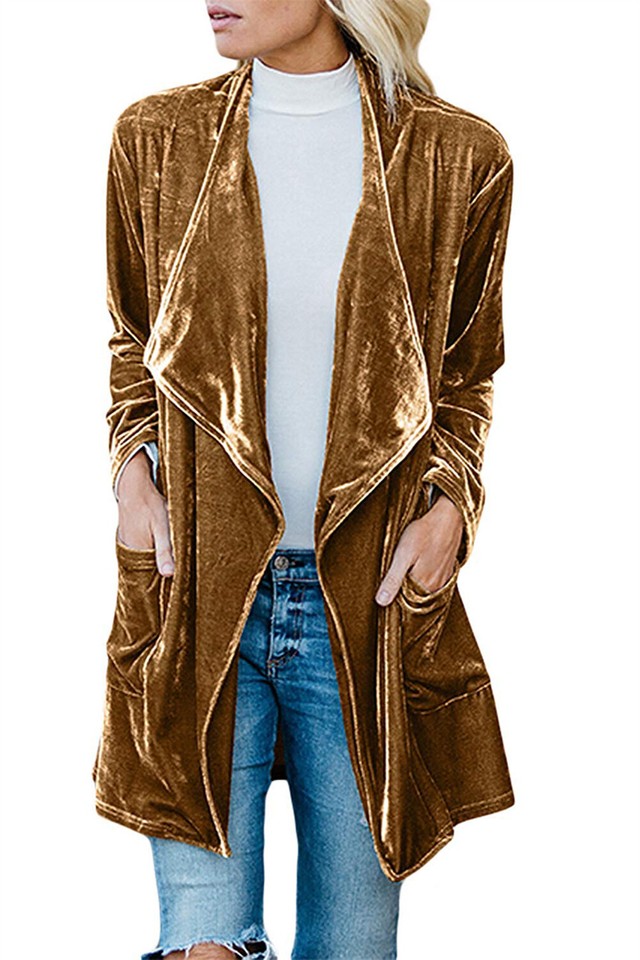Velvet Open Front Long Cardigan with Pockets main image 1