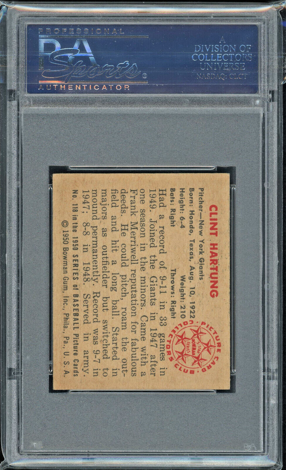 1950 Bowman #118 Clint Hartung New York NY Giants Vintage Baseball Card PSA 5 view 2