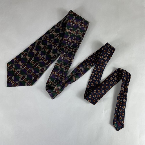 Vintage: Tommy Hilfiger Mens Tie, Purple Green Geometric Striped Pattern - Picture 9 of 9