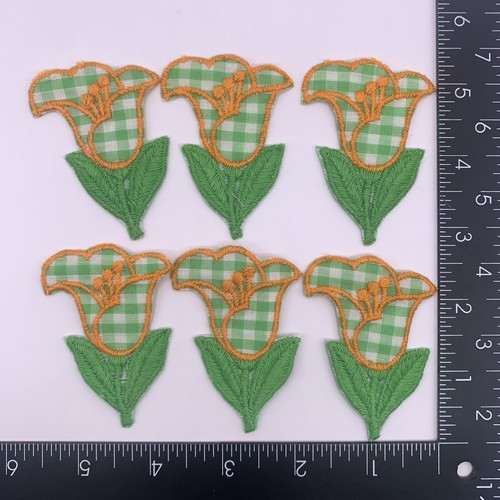 Vtg NOS Applique Tulip Flower Gingham Green 2.5" x 2" Lot of 6 Embroidered Retro - Picture 2 of 4