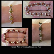 BALTIC HONEY GREEN AMBER  STERLING SILVER HANDMADE LINK MODERN BRACELET