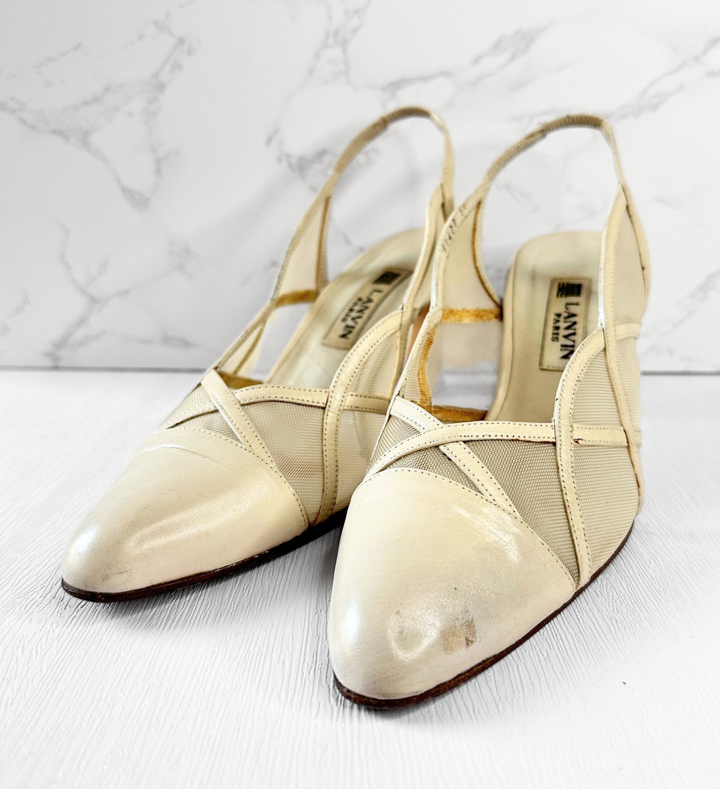 Designer Lanvin Shoes | 1980s Vintage Lanvin Cream Slingback Shoes UK 5|Eur 38 image 2