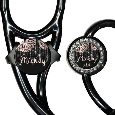 Stethoscope Name Tag - Personalized Rose Gold Floral Id Name Plate for Nurse, DR
