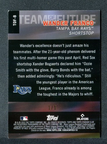 2022 Stadium Club Team of the Future Gold Rainbow #TOF8 Wander Franco RC 1/1 - Picture 2 of 2