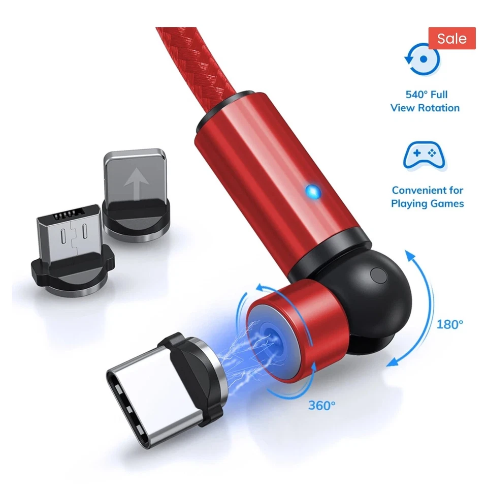 3 in 1 540° Magnetic Fast Charging USB Cable 2.4A Phone Type-C Micro USB IOS - Image 2 of 4