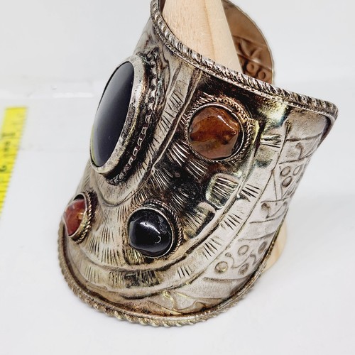 Vintage Tribal Ethnic Silver Tone Large Cuff Bracelet With Semi Precious Stones - Picture 9 of 12