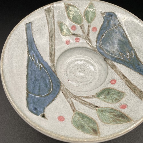 Unique Art Pottery Candle Holder or Trinket Dish - Folk Art Look - Blue Birds - Picture 5 of 8
