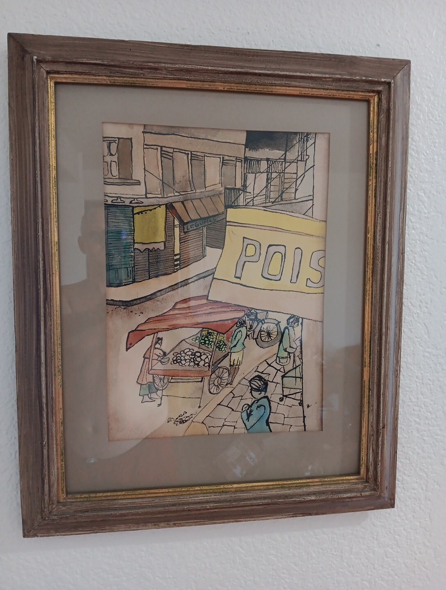 フランス　水彩画　ヴィンテージ Vintage French Marketplace- Original Watercolor Framed Painting
