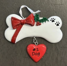 Dog Bone With Bow Holly & Paw Prints " # 1 Dog" Dangle Personalizable Ornament 