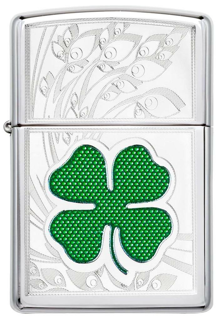 ZIPPO® Lucky Shamrock Polished Chrome Lighter/ Classic - Made In