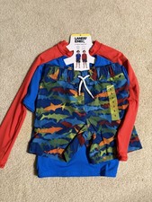 Lands' End 3 Piece Swim Set Rash-Guard Trunks Boy's Size 5 Red Shark Print
