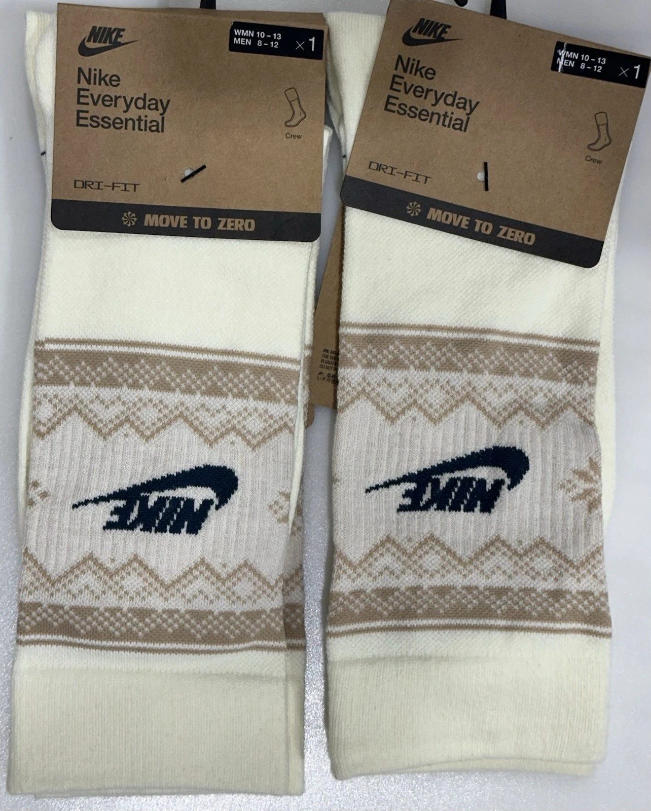 2 Pair Nike Everyday Essential Dri-Fit Crew Socks Beige Size Large FZ3071-113