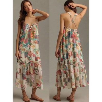 Anthropologie Bohemian Floral Patchwork Chiffon Shift Midi Maxi Dress Size 1X