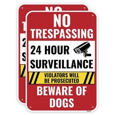 2PC 24 Hour Surveillance Sign, 14 x 10 Inches - Aluminum - Beware Of Dog Priv...