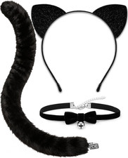 Cat Ears Headband and Tail Bell Collar Set, Cat Costumes for Women Black Cat Ear