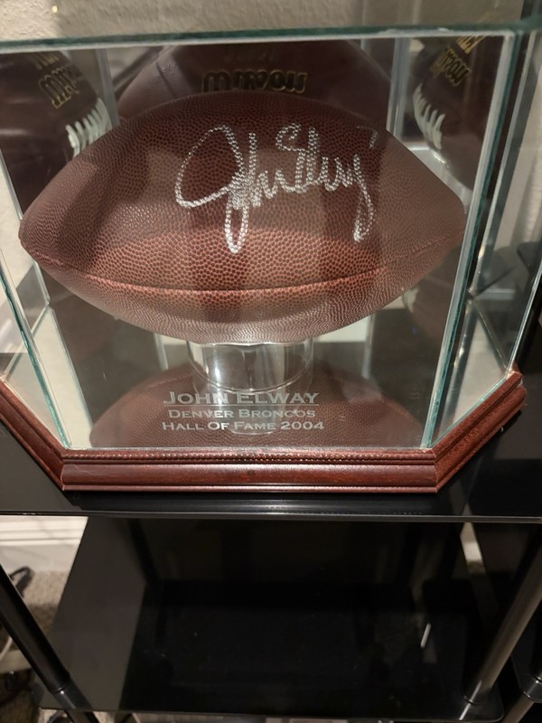 John Elway Signed Wilson JR NFL Football w /engraved glass mirrored display case
