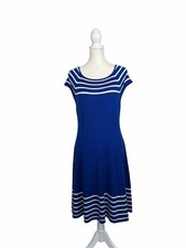 Eliza J Royal Blue Fit & Flare Sweater Dress White Stripe Knit Midi Nautical
