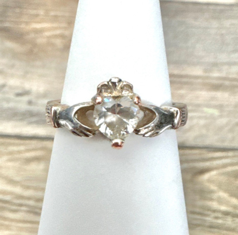 Claddagh Celtic White Rhinestone Heart & Crown Ring Band Ring Silver Tone