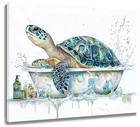 Blue Sea Turtle in Bathtub Coastal Canvas Wall Art for Bathroom Living Room