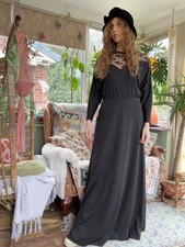 Vintage 1970s Maxi Dress Long Batwing Sleeves And Lace Detail Black Size 10