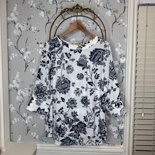 Banana Republic Womens Floral Bell Sleeve Button Back Blouse Navy White Large