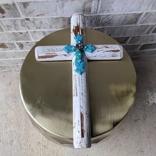 Rustic Wooden Wall Cross w/ Turquoise Decorative Accent Rose Western Decor