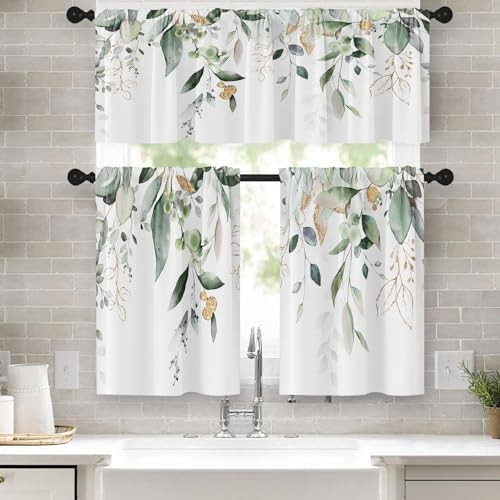 Spring Leaves Kitchen Window Curtains Valance and Tier Set 36 Inch, Eucalyptus - Picture 1 of 7