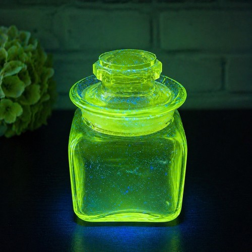 Vintage Uranium Glass Lidded Jar UV Reactive Japan 3.5” Small