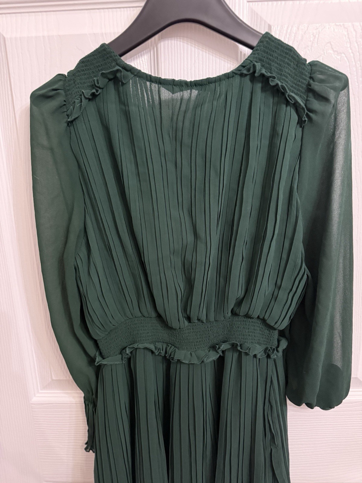 Zara Forest Green Pleated Midi Dress Smocked Waist Sheer Sleeves M thumbnail 6