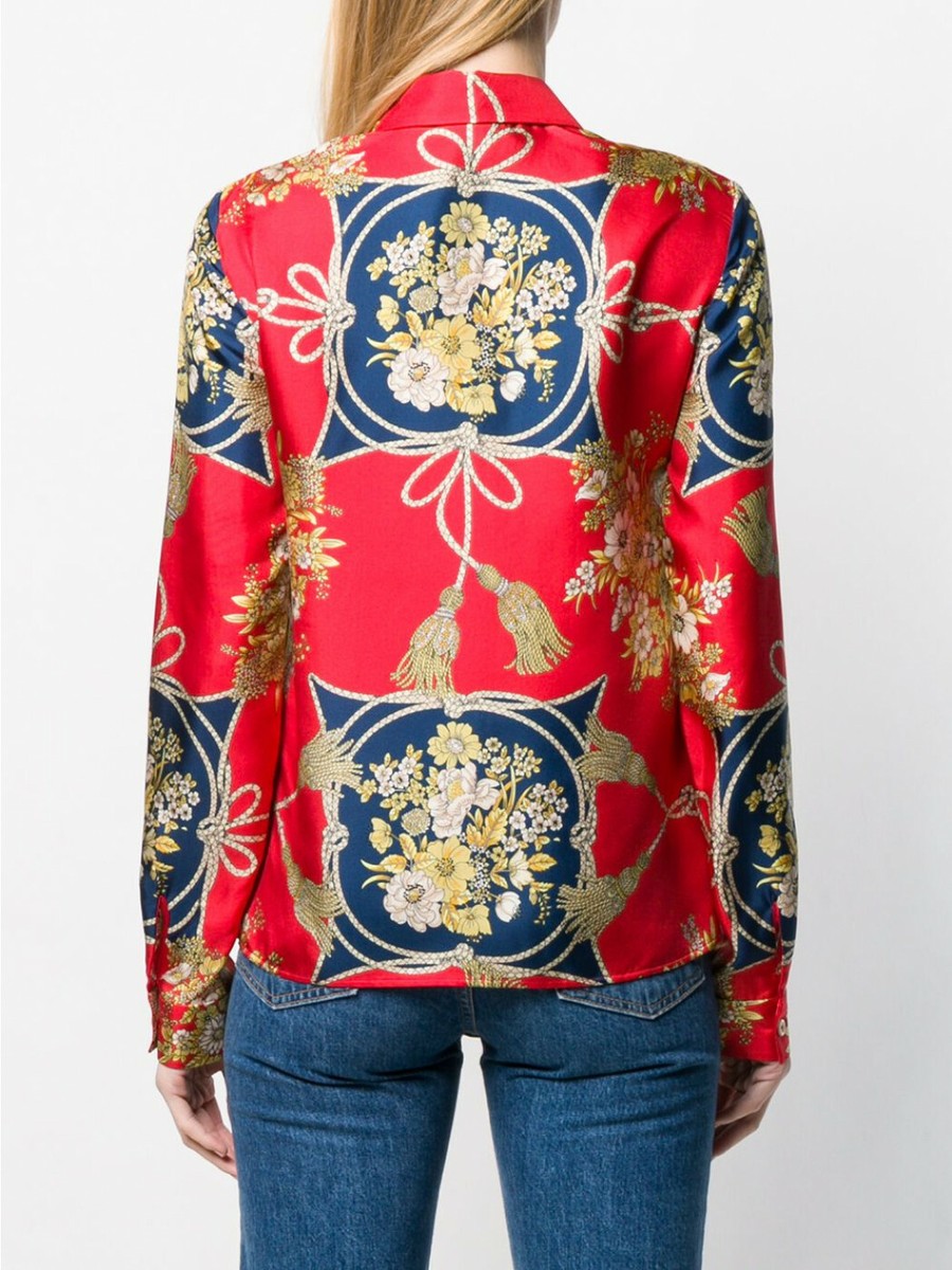 NEW Auth GUCCI FLORAL & TASSEL Print 100% SILK Twill BLOUSE Shirt