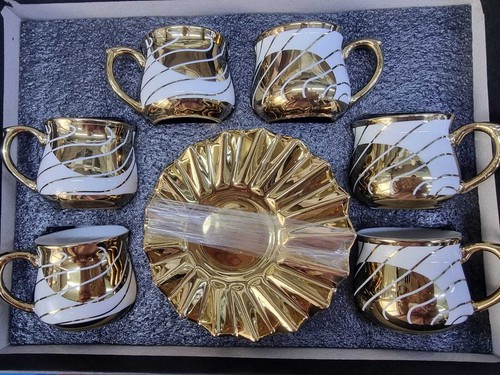 Stunning Turkish Arabic Tea Set Of 6 Cups & Saucer White Gold Gift - Picture 4 of 12