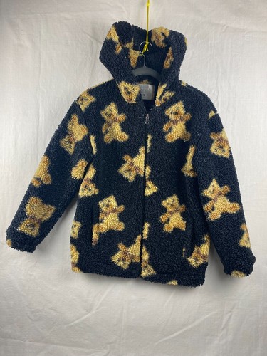 Urban Kids Teddy Bear print Fleece Faux Fluffy Zippered Hoodie coat SZ L(14-16)