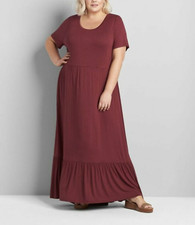 LANE BRYANT WOMEN'S WINE SHORT SLEEVE MAXI KNIT FLOUNCE DRESS PLUS Sz 14/16