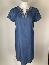 Talbots Denim Blue Split Neck Embroidered Shift Dress 6 Nice