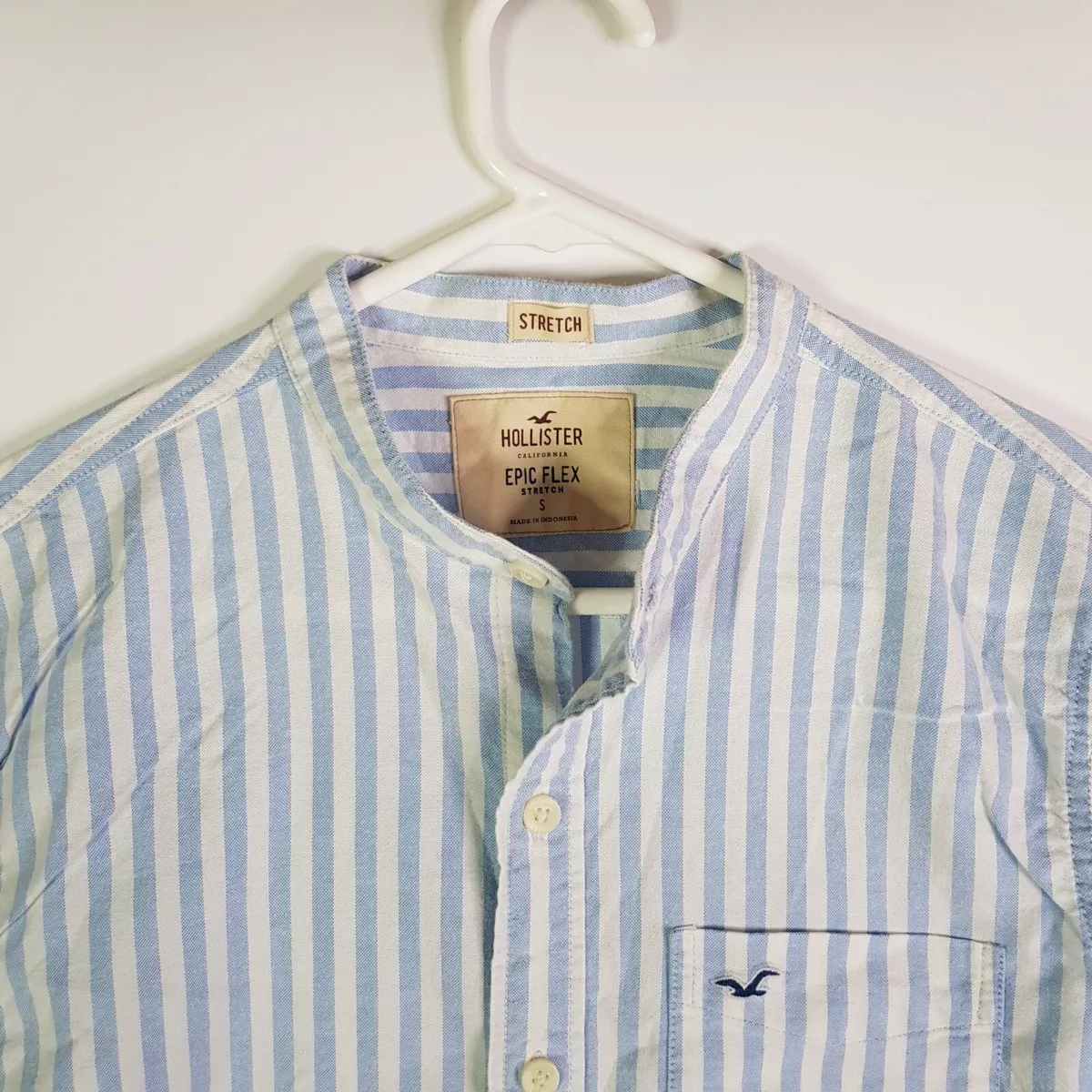Hollister Epic Flex Stretch Casual Grandpa Shirt Mens Size S Blue White Striped