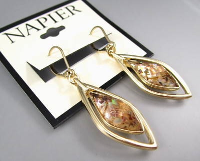 NWT NAPIER 2'' Long Dangling Gold Tone Faux Orange Abalone Post Earrings 100P