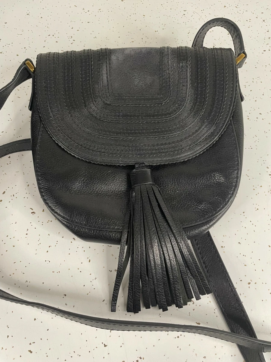 Fossil Emi Tassel Black Leather Crossbody Saddle Bag Adjustable Strap Purse Bag