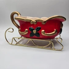 Vintage Christmas Red Holiday Ceramic Sleigh with Gold Metal Stand Centerpiece
