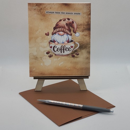 Take the Scenic gnome w/coffee unusual handmade card with envelope Made in USA - Picture 4 of 4