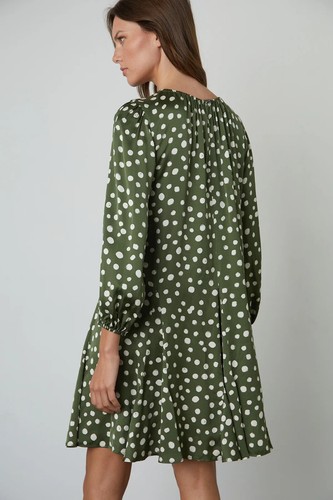 VELVET By Graham & Spencer Kenia Waist Tie Satin Polka Dot Dress Navy S $249 E4 - Picture 5 of 6