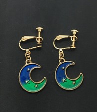 Gold-tone Earring Set Clip-On Non-Pierced Blue Sun Moon Stars New 2658